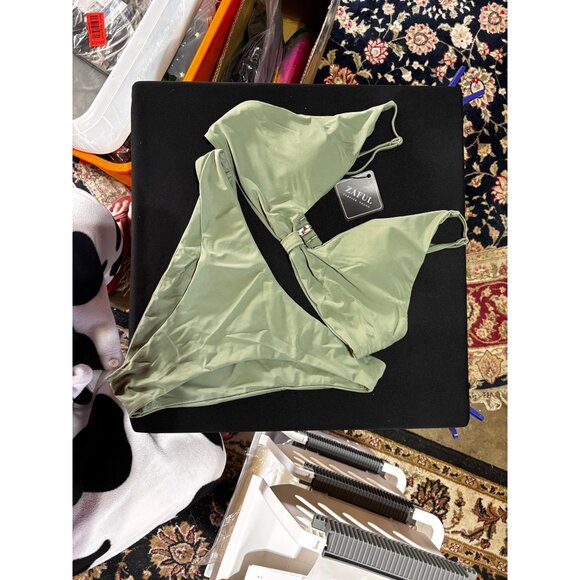 Army Green 2-Piece Bikini Set- Tie Knot Front, Cheeky Bottoms, Textured-- XL- - Picture 3 of 5